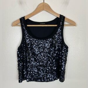 Express Women's Y2K 90s Sequin Cropped Top Size XS Black Sleeveless Party Sexy